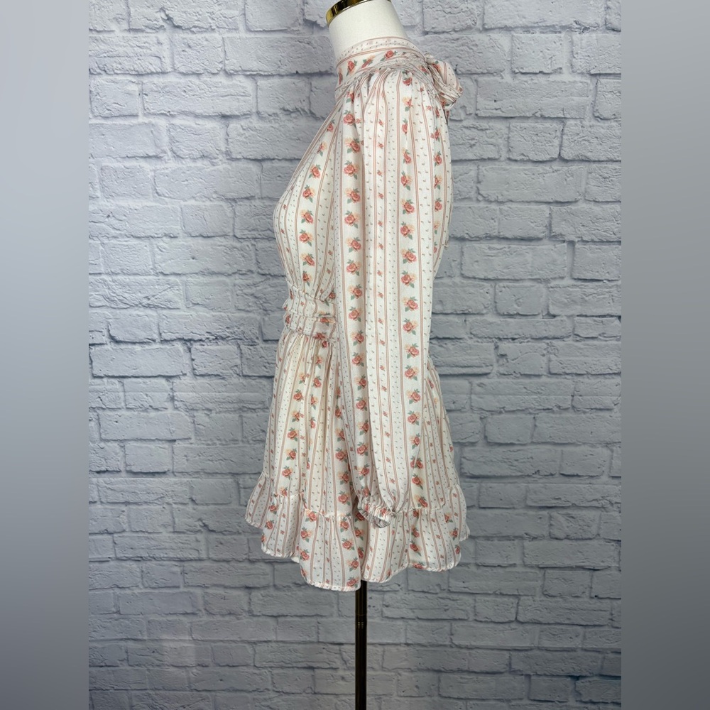 Anthropologie Let Me Be Pink Floral Combo Tie Mockneck Sheer Minidress  size XS - Picture 7 of 10